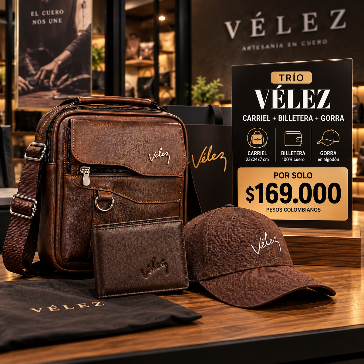 Trío Vélez Hombre™ – Carriel + Billetera + Gorra